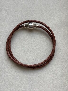 Pandora Brown Braided Leather Double Wrap Bracelet with Silver Clasp